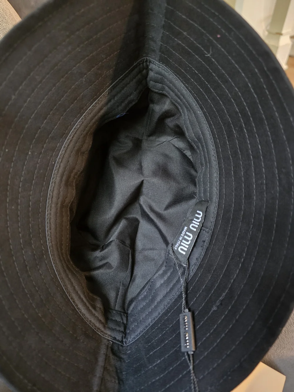 Miu Miu Black Bucket Hat with White Embroidered Logo